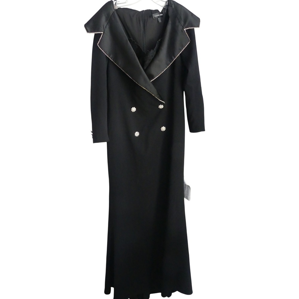 NWT Tadashi‎ Shoji Black Tuxedo Gown Crystal Button Portrait Collar Dress XL